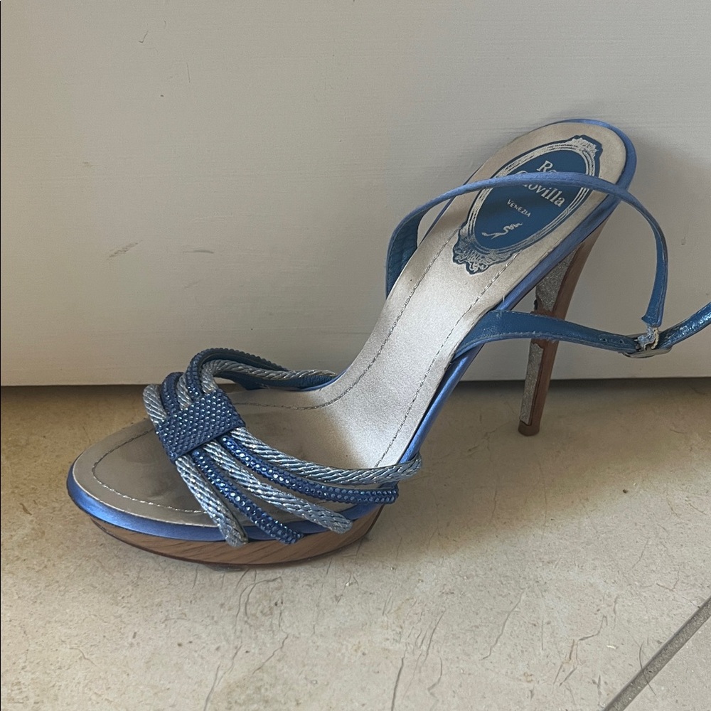 Rene Caovilla Metallic Blue Strappy Heels